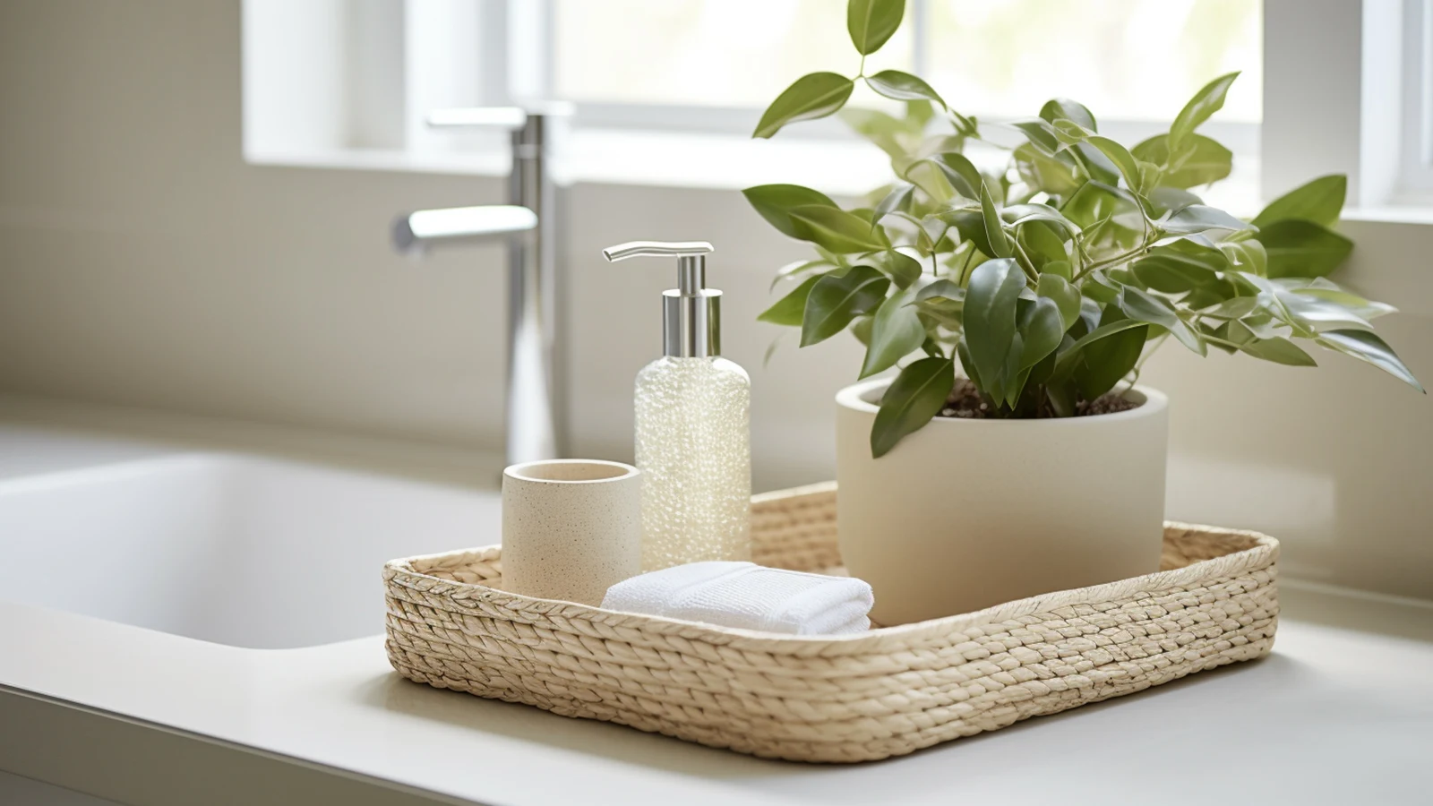 Small bathroom counter decorating ideas: a bathroom with a plant on a tray next to a sink.