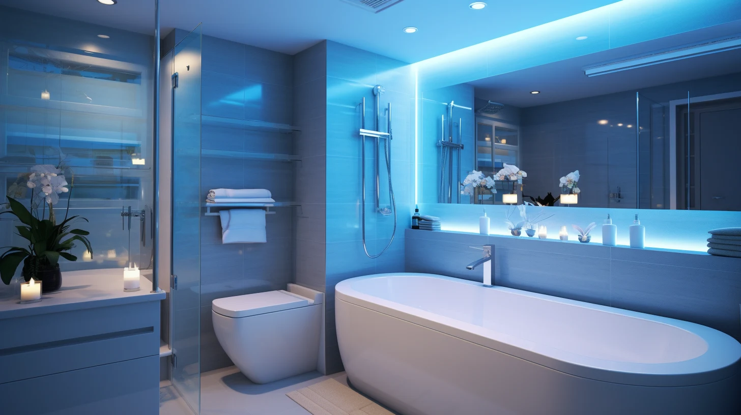 Small blue bathroom decorating ideas: A bathroom with blue lighting and a bathtub.
