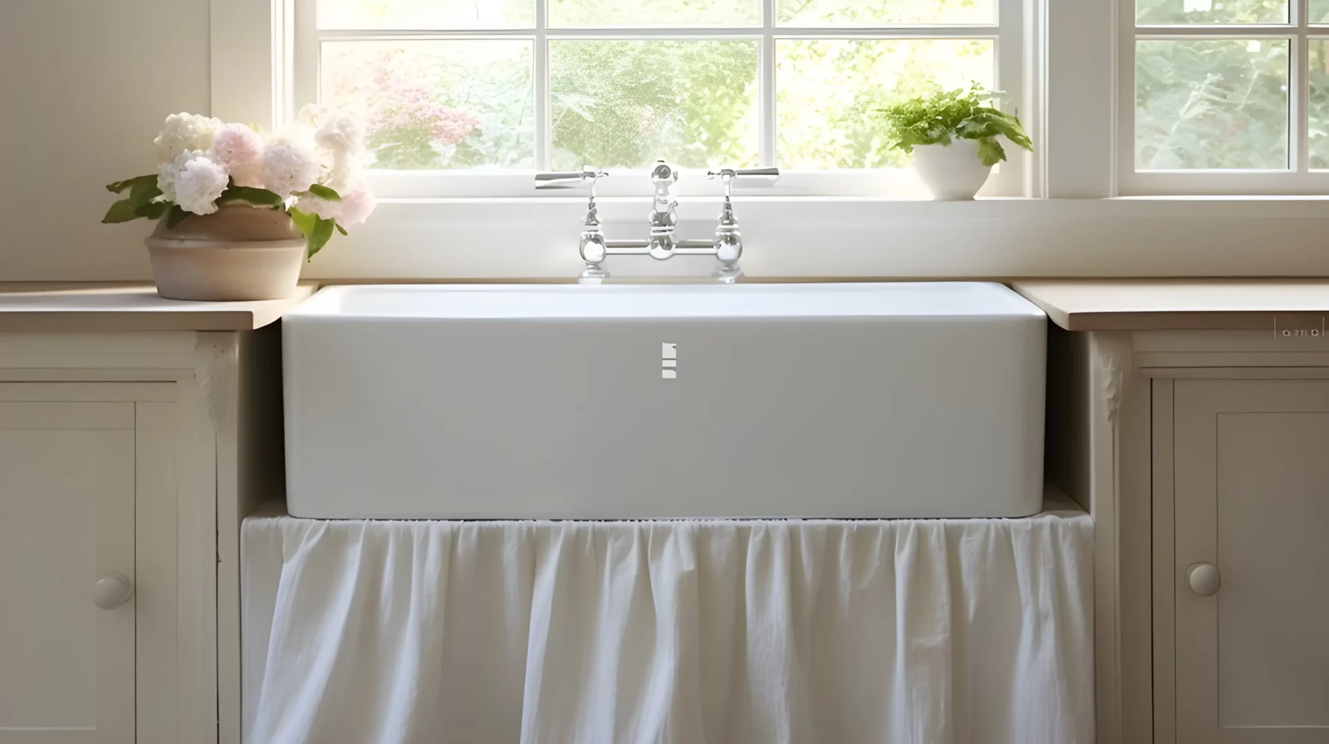 Small blue bathroom decorating ideas: A white kitchen sink with a white ruffled valance.