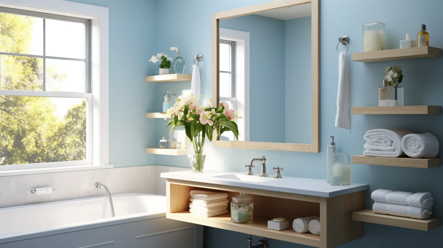 Small blue bathroom decorating ideas: A bathroom with blue walls and shelves.
