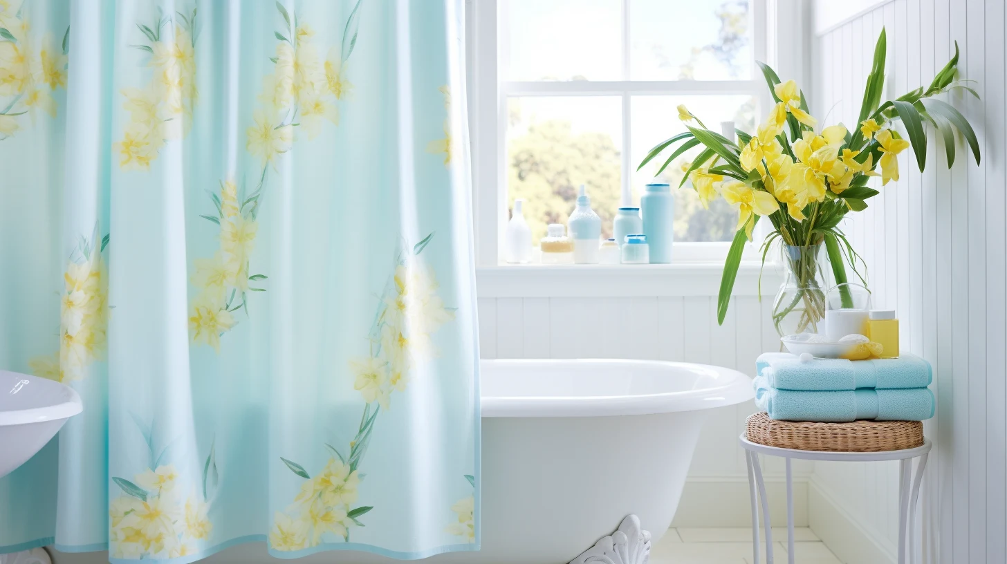 Small blue bathroom decorating ideas: A bathroom with a blue shower curtain and yellow flowers.