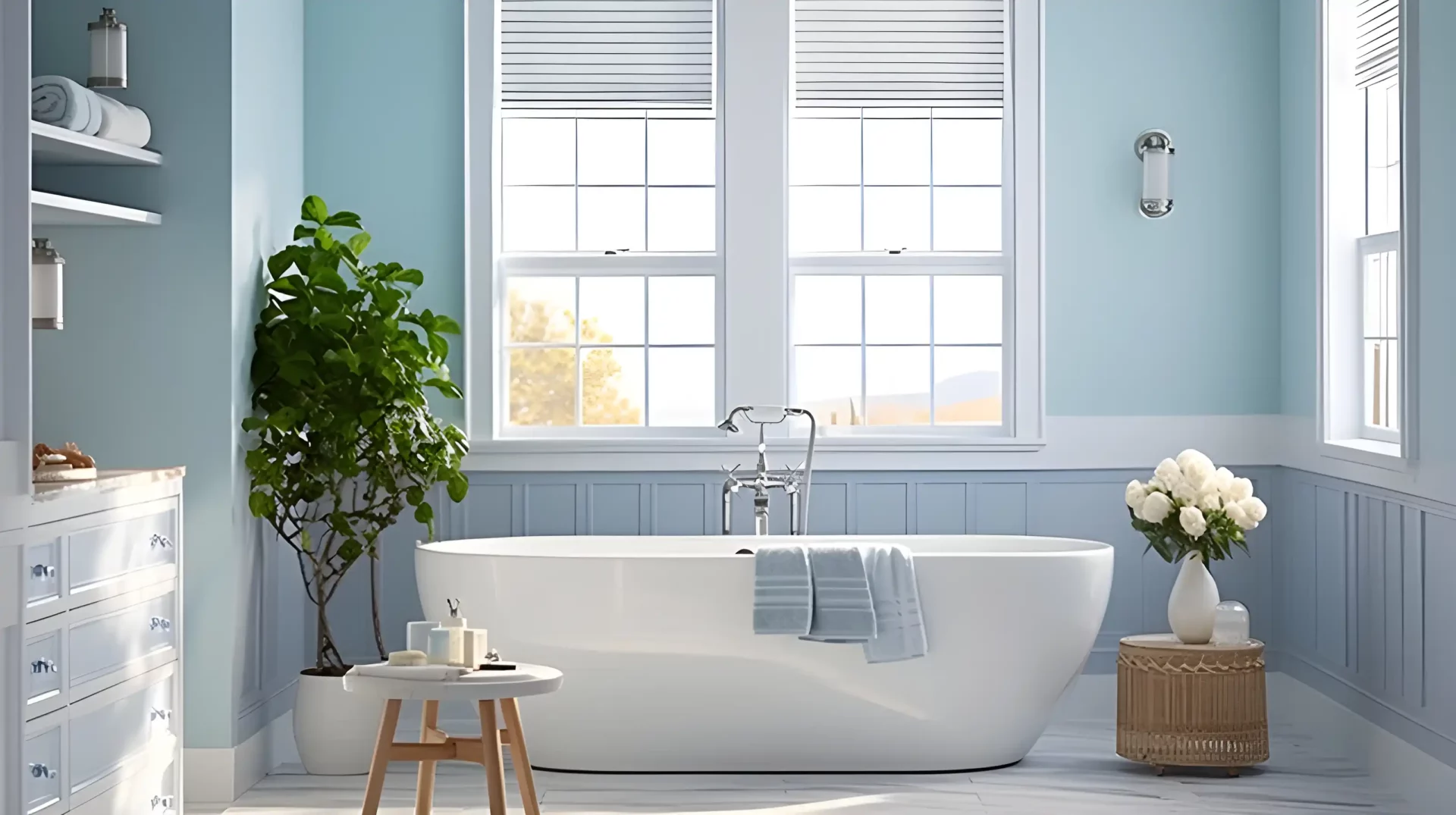 Small blue bathroom decorating ideas: A bathroom with blue walls and a white tub.