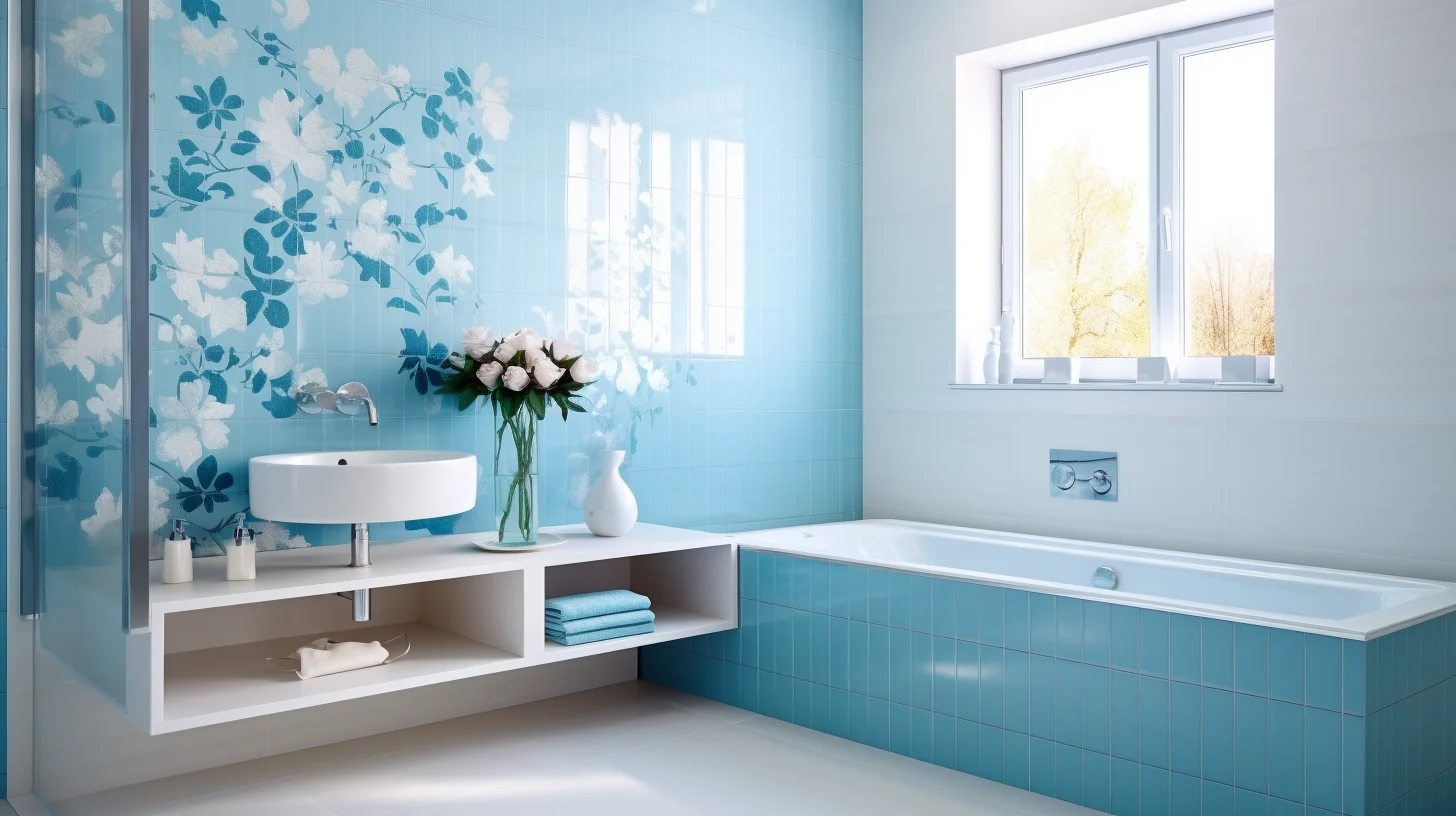 Small blue bathroom decorating ideas: A blue and white bathroom with flowers on the walls.