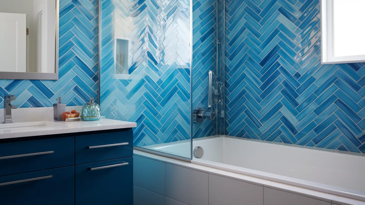 Small blue bathroom decorating ideas: A bathroom with blue herringbone tile.