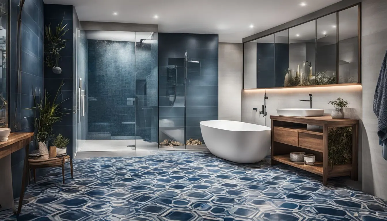 Small blue bathroom decorating ideas: A bathroom with a blue and white tiled floor.