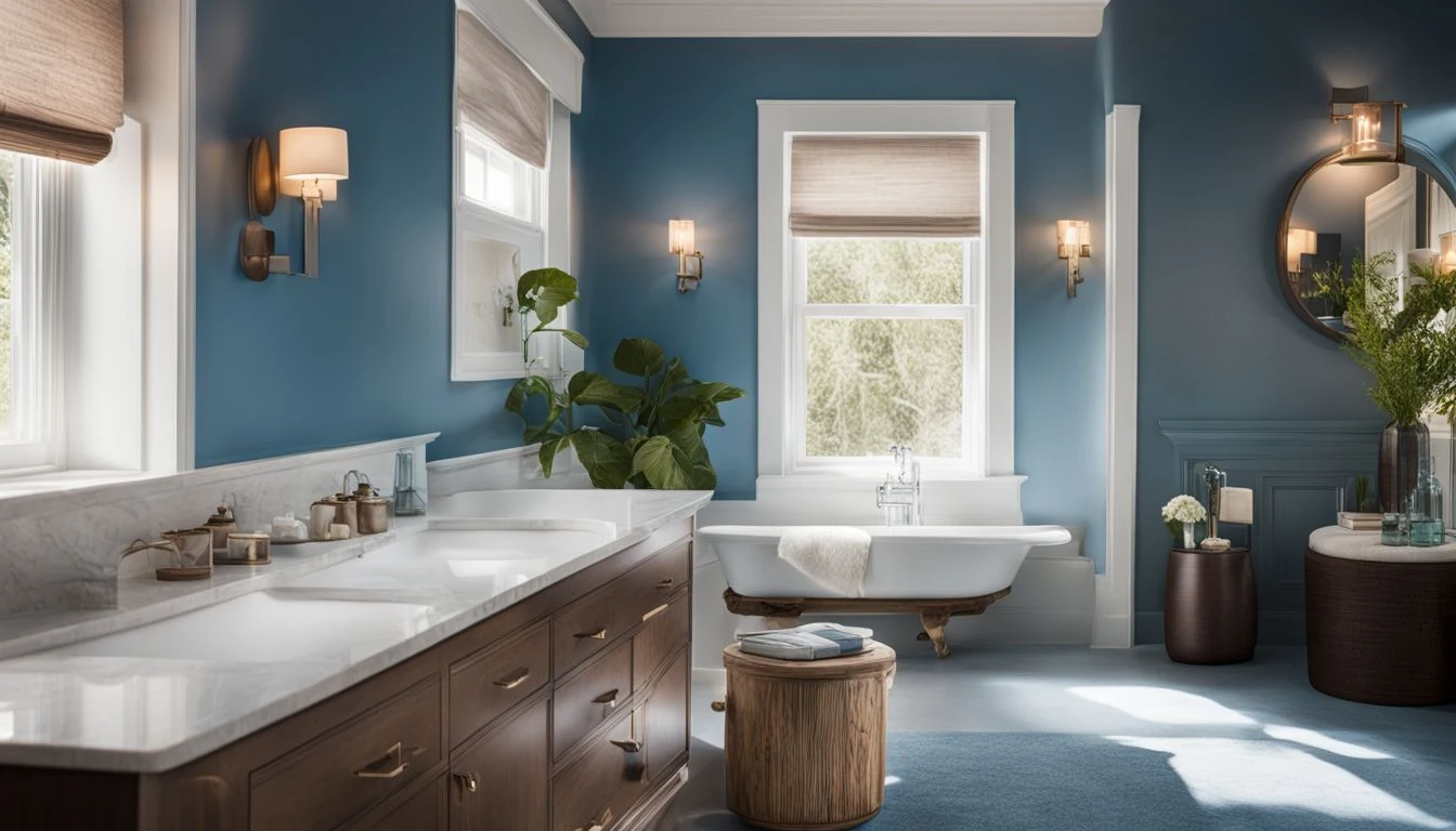 Small blue bathroom decorating ideas: A bathroom with blue walls and a wooden vanity.