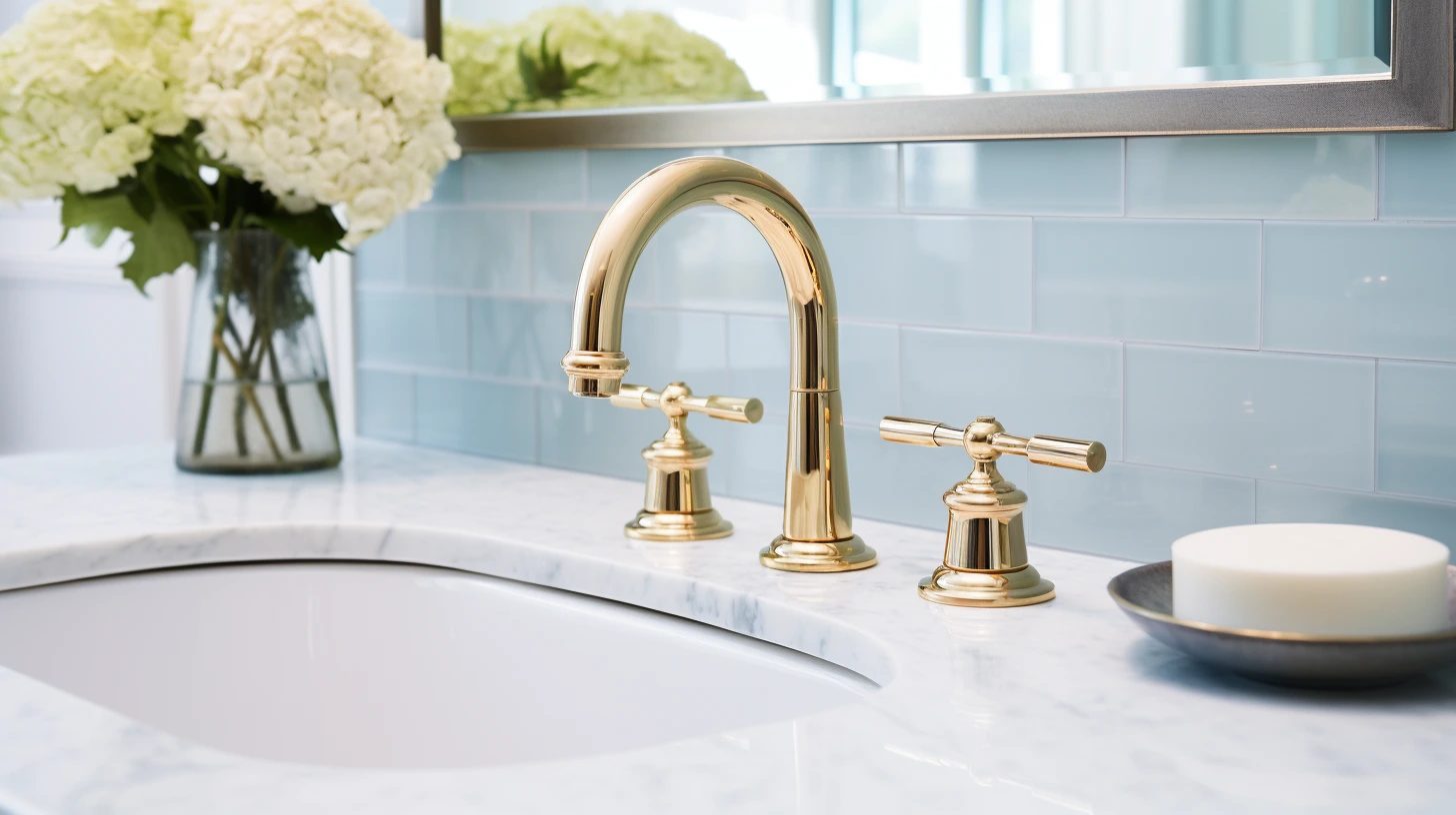 Small blue bathroom decorating ideas: A bathroom with a gold faucet and a mirror.