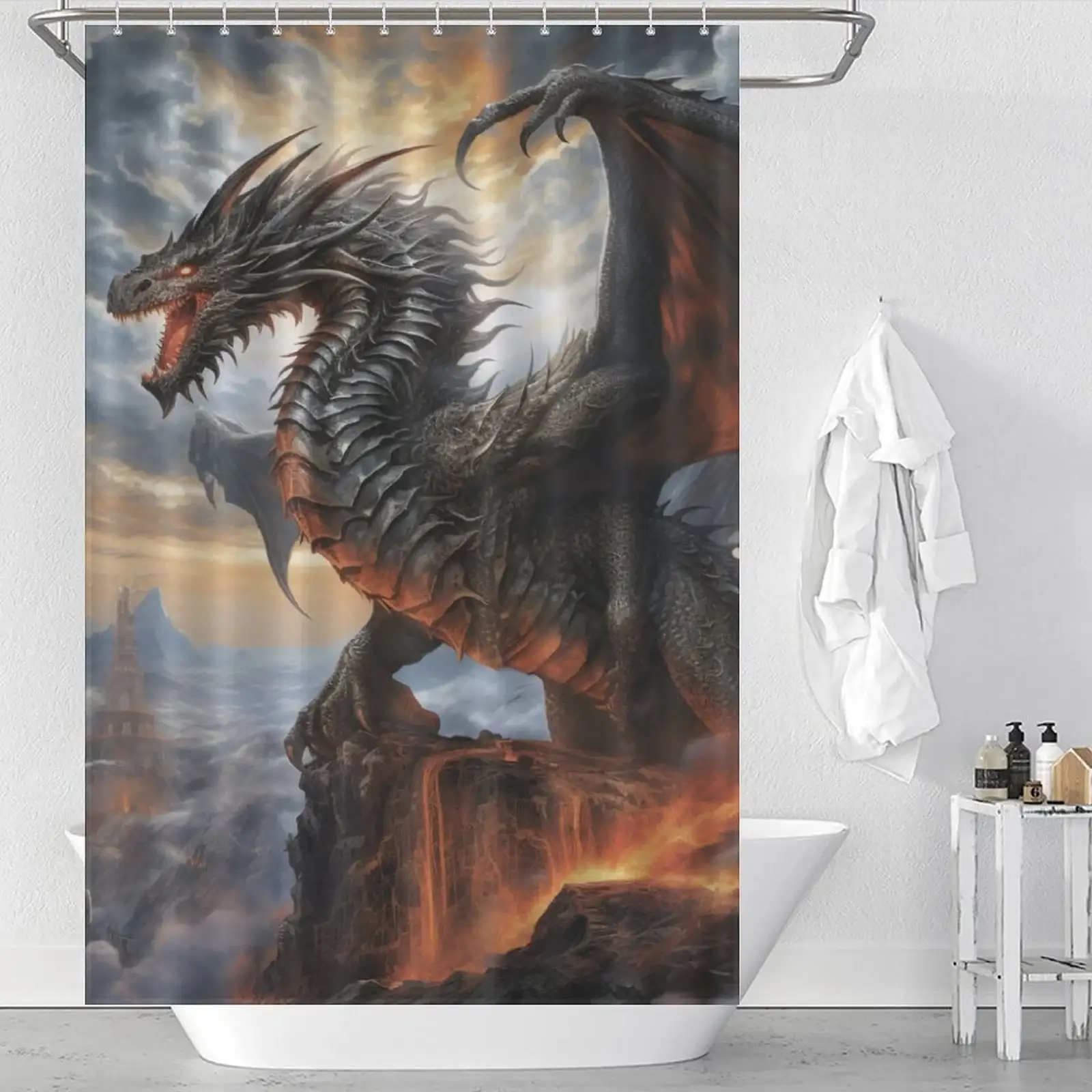 Unique Shower Curtains for Small Bathrooms: An image of a dragon on fire shower curtain.