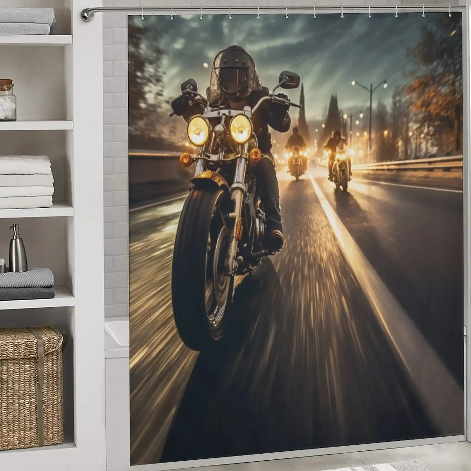 Unique Shower Curtains for Small Bathrooms: A shower curtain with a motorcycle on the road.