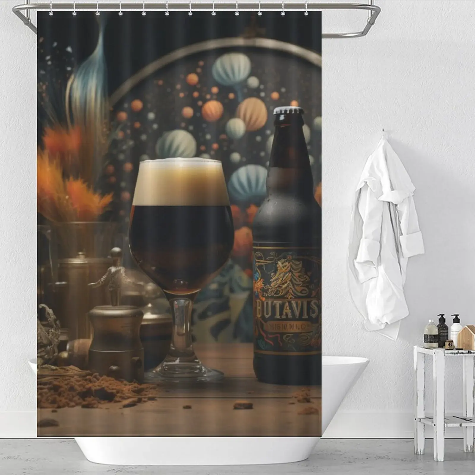 Unique Shower Curtains for Small Bathrooms: A shower curtain with a glass of beer on it.