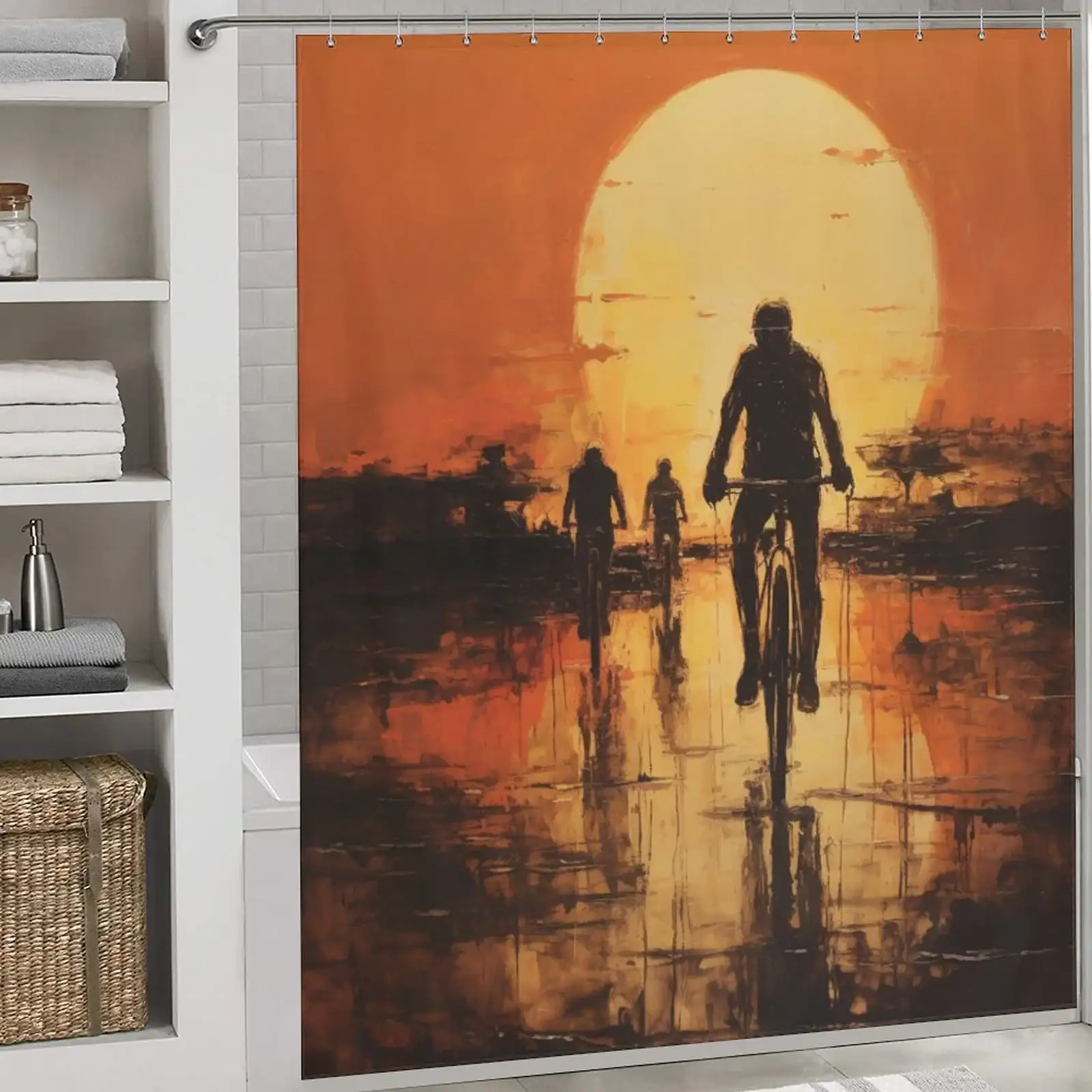 Unique Shower Curtains for Small Bathrooms: A shower curtain with a man riding a bike in the sunset.