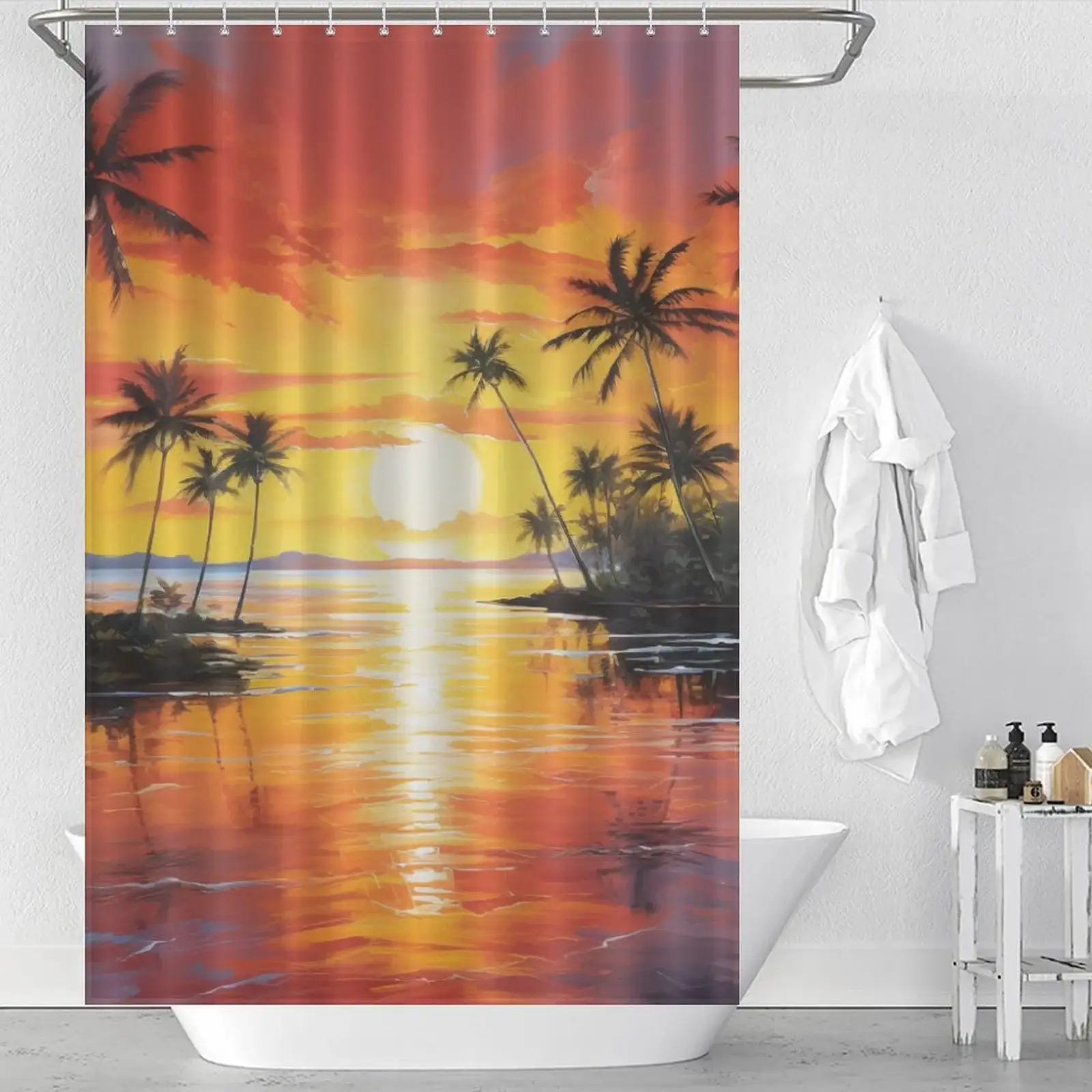 Unique Shower Curtains for Small Bathrooms: A tropical sunset shower curtain with palm trees.