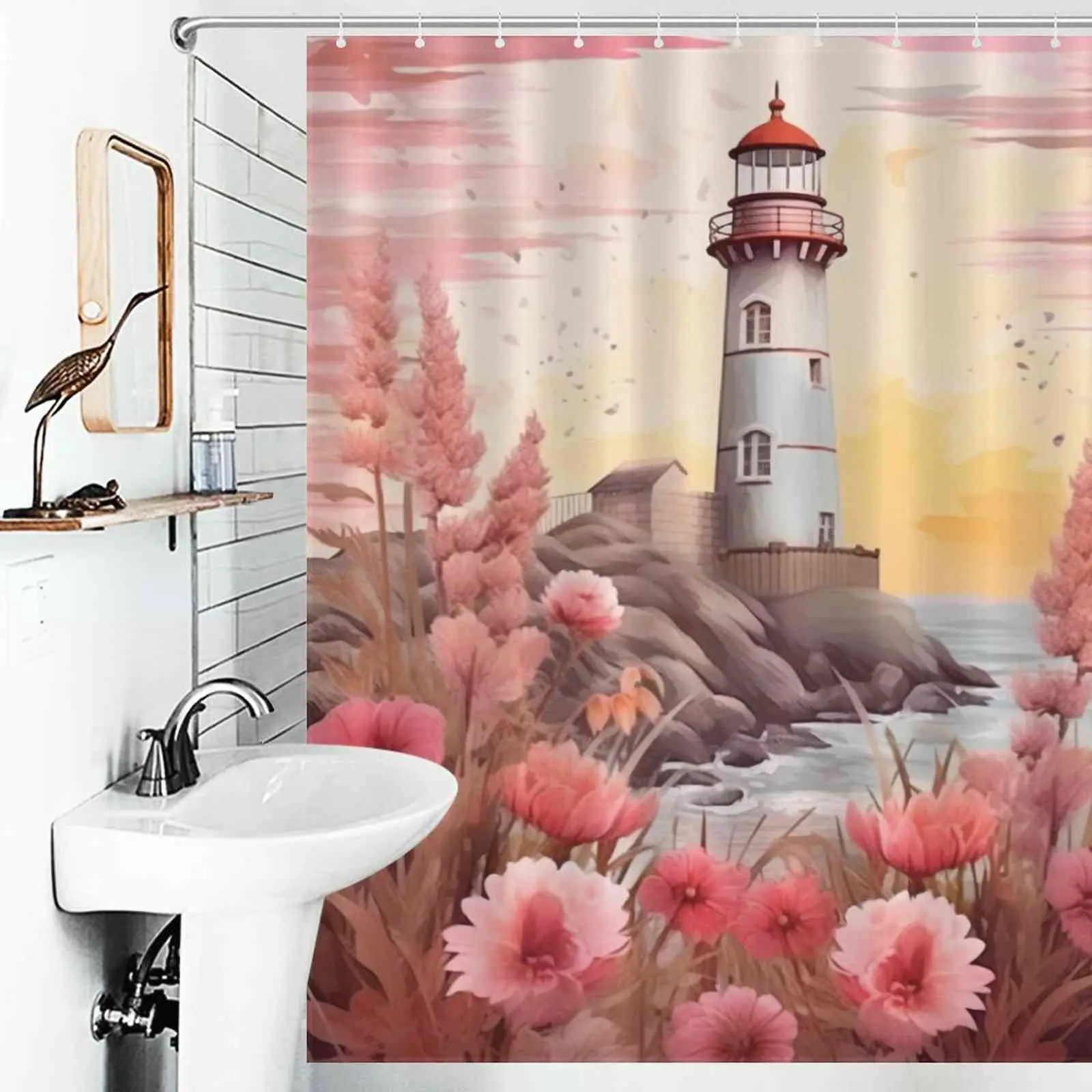 Unique Shower Curtains for Small Bathrooms: A bathroom with a lighthouse and pink flowers.