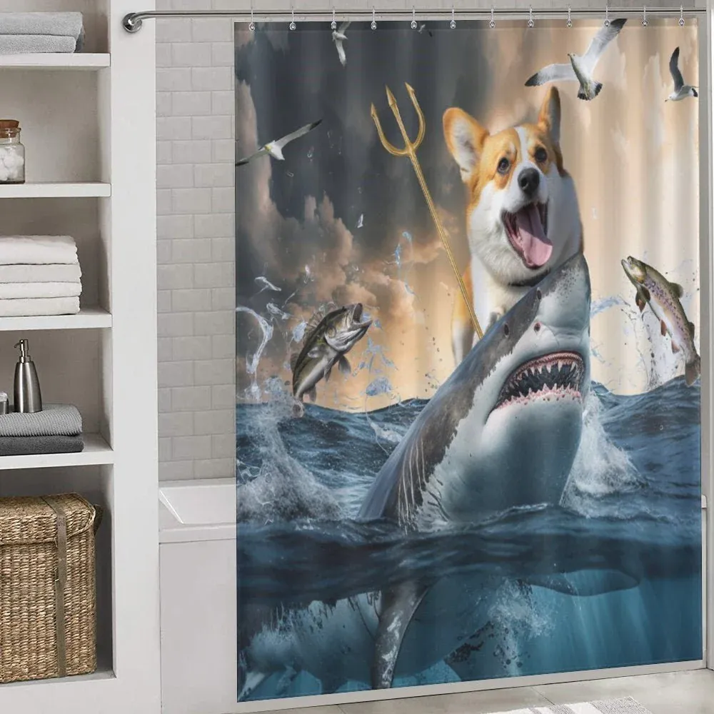 Unique Shower Curtains for Small Bathrooms: Corgi shark shower curtain.