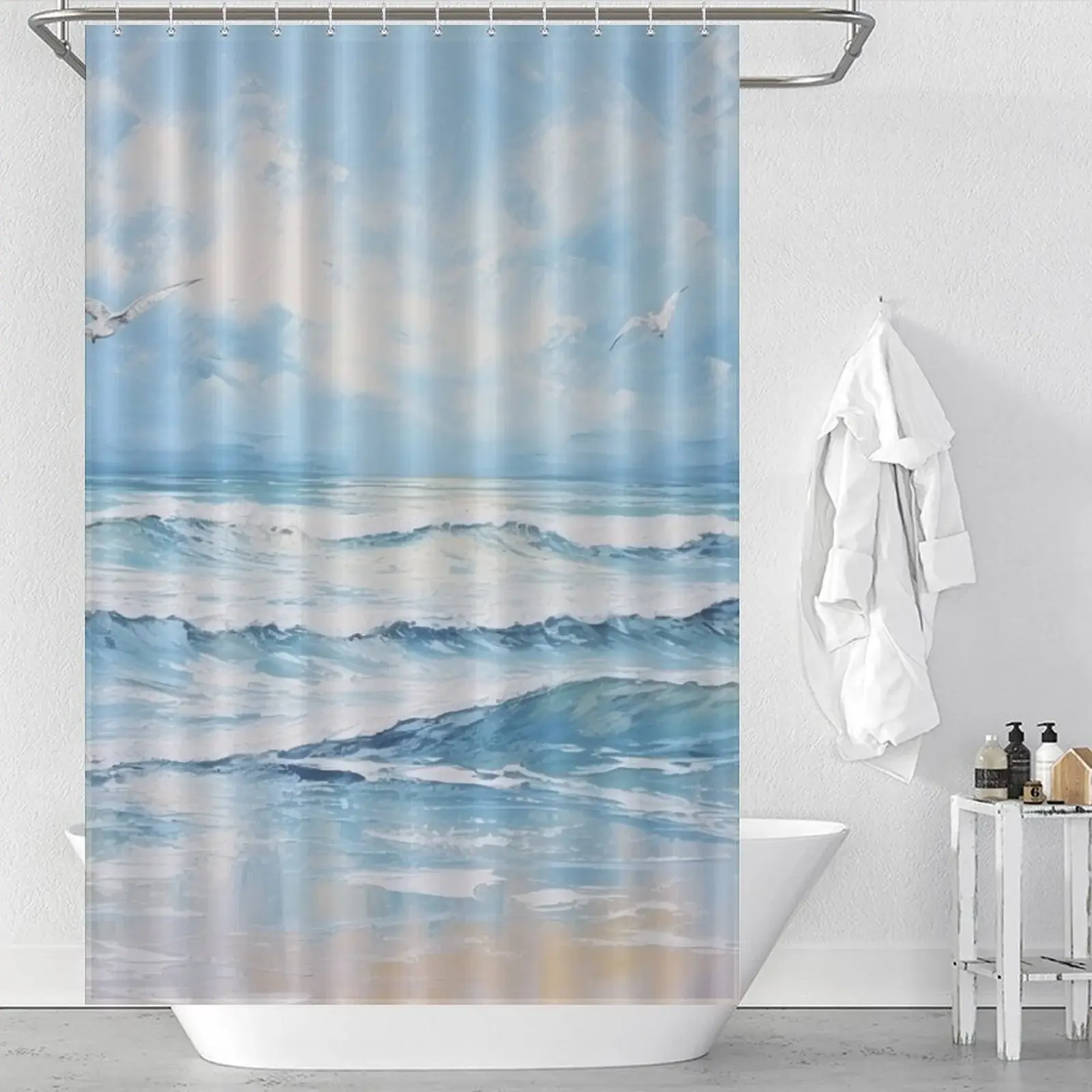 Unique Shower Curtains for Small Bathrooms: A shower curtain with an ocean scene and seagulls.