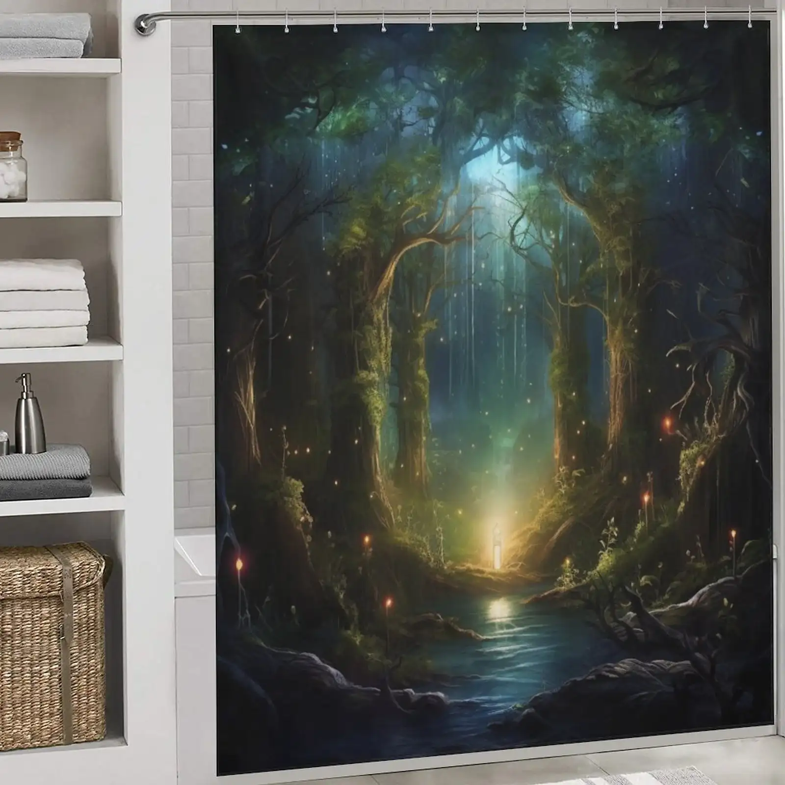 Unique Shower Curtains for Small Bathrooms: A shower curtain with an image of a forest.