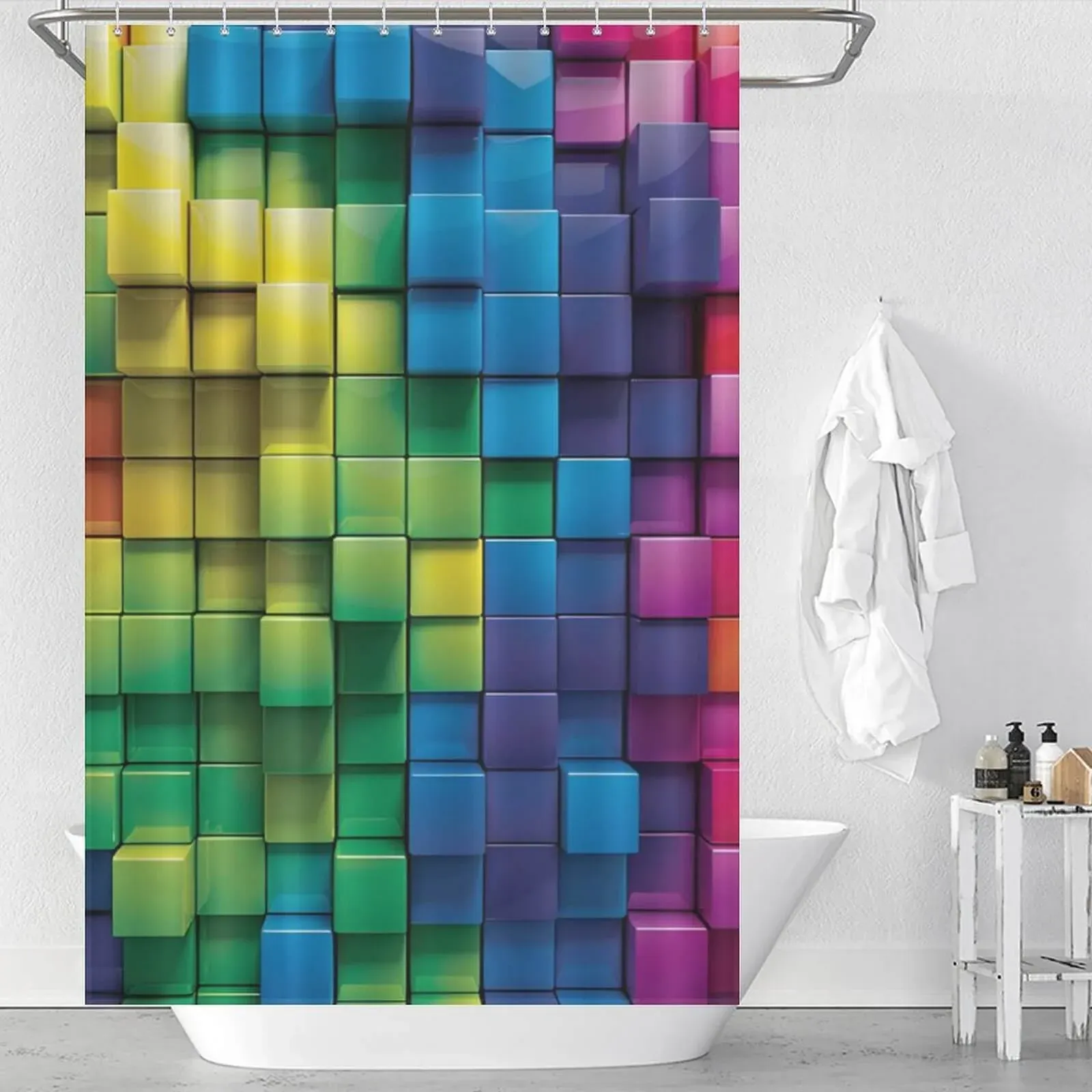 Unique Shower Curtains for Small Bathrooms: Colorful cubes shower curtain.