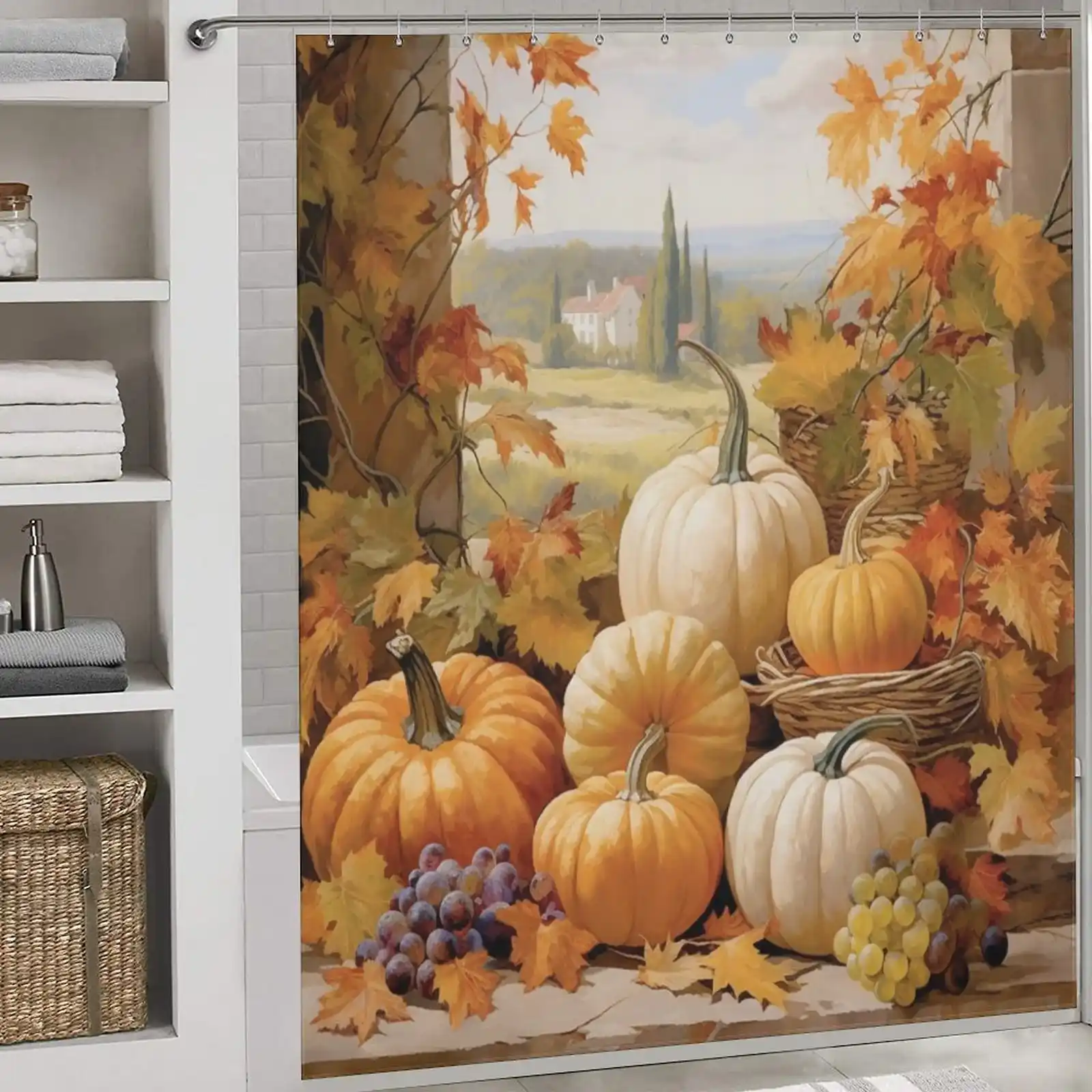 Unique Shower Curtains for Small Bathrooms: A shower curtain with pumpkins and grapes on it.