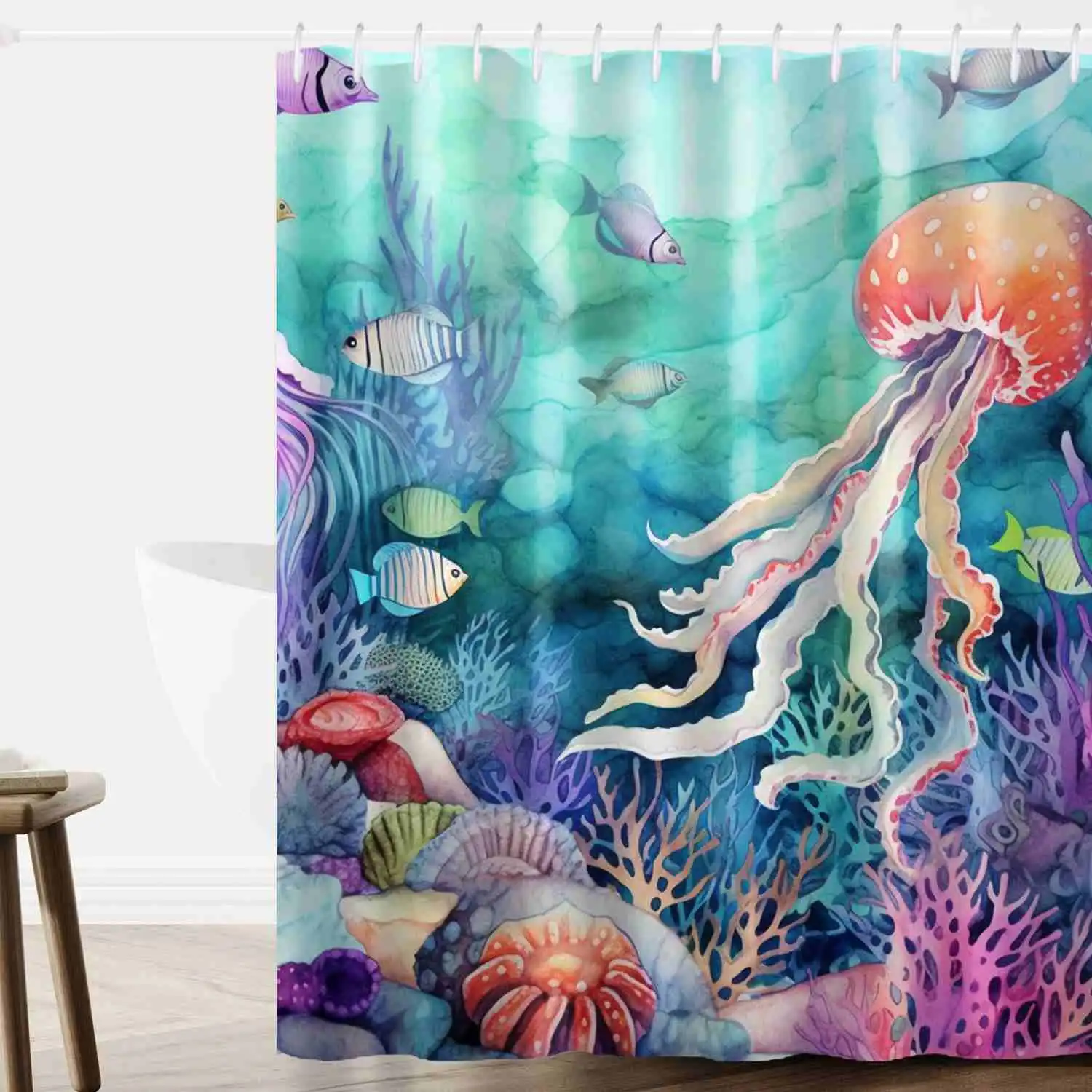 Unique Shower Curtains for Small Bathrooms: A colorful shower curtain with a jellyfish and fishes.