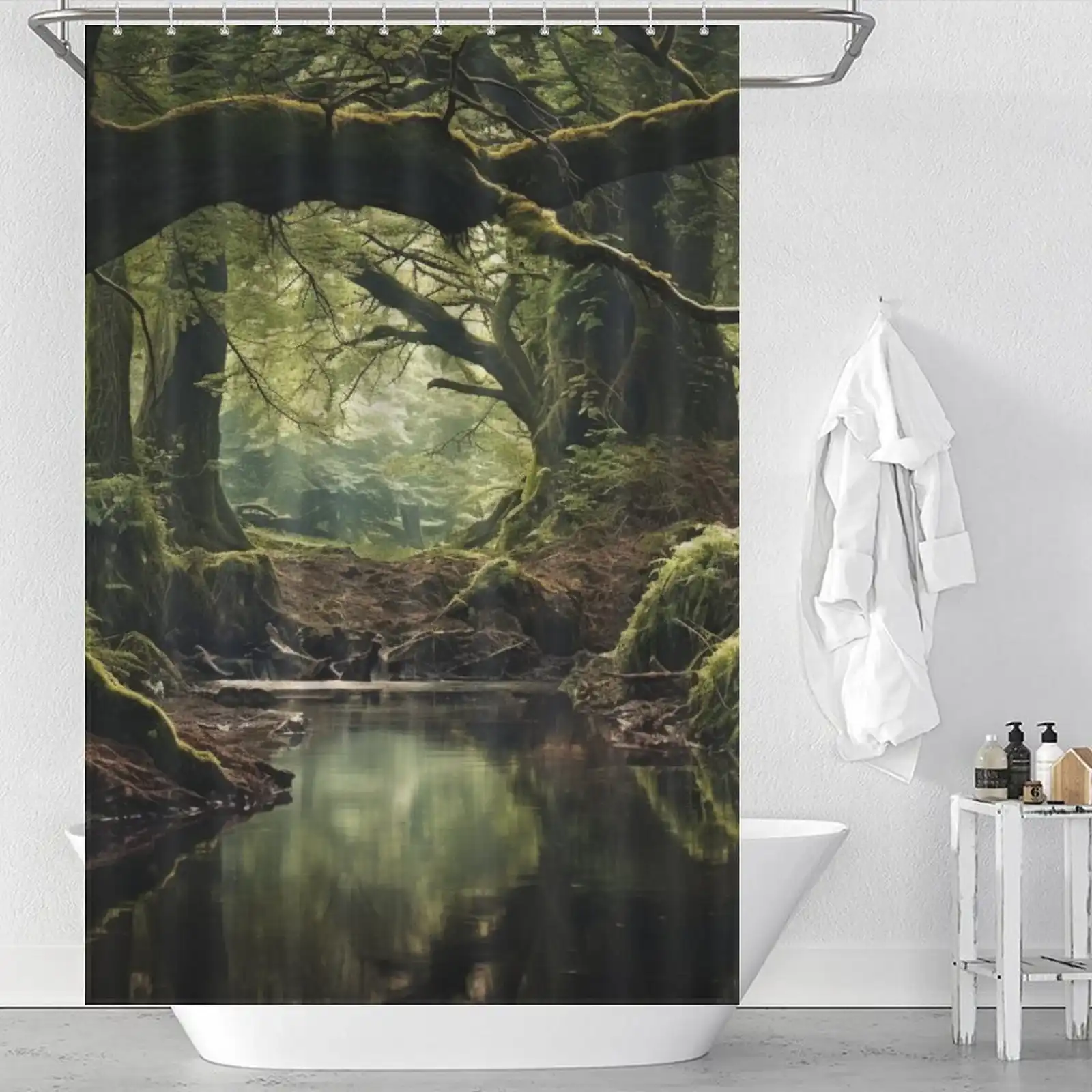 Unique Shower Curtains for Small Bathrooms: A forest shower curtain with moss and trees.