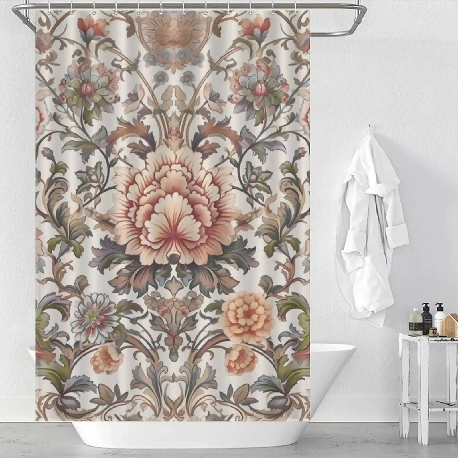 Unique Shower Curtains for Small Bathrooms: An ornate shower curtain with flowers on it.