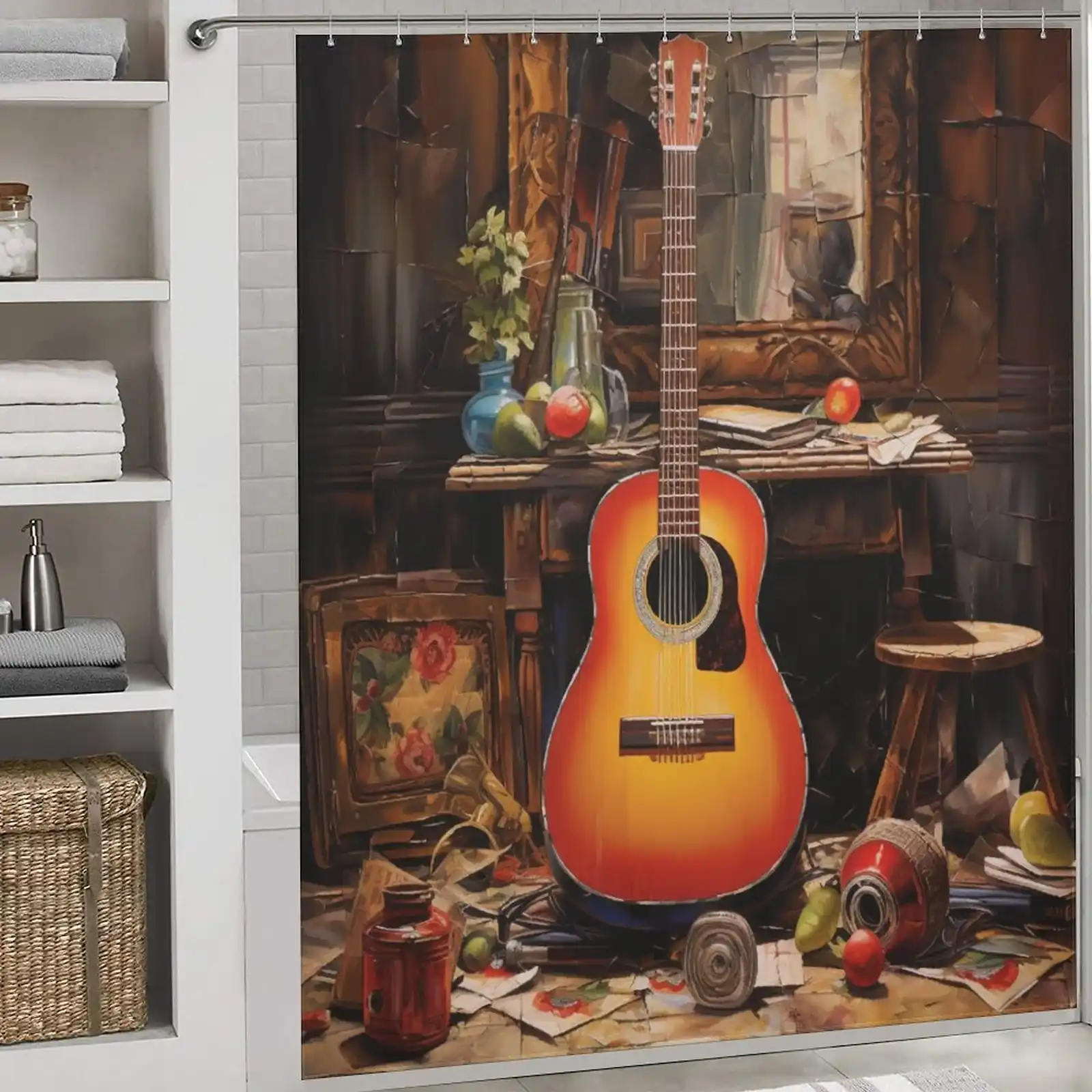Unique Shower Curtains for Small Bathrooms: A shower curtain with an acoustic guitar on it.