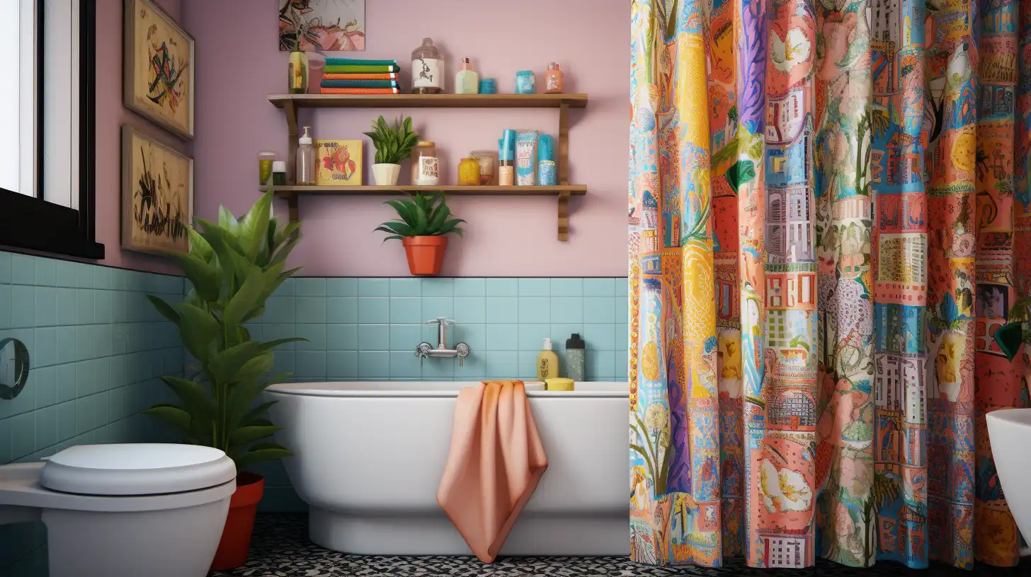Unique shower curtains for small bathrooms: A bathroom with a colorful shower curtain.