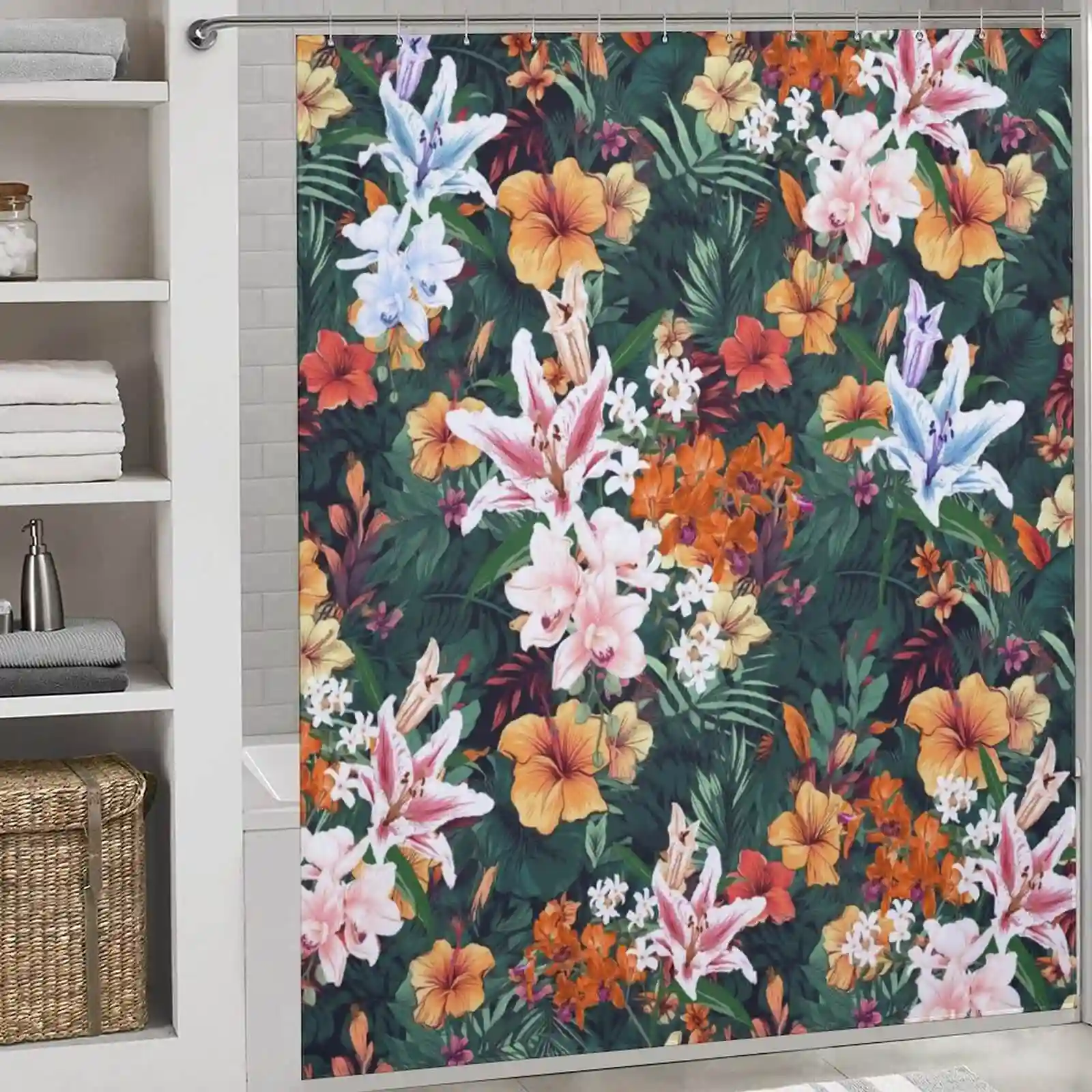 A shower curtain with tropical flowers on it.