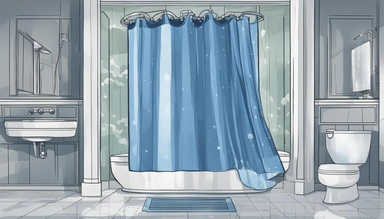 What are shower curtain liners? An illustration of a bathroom with a blue shower curtain.