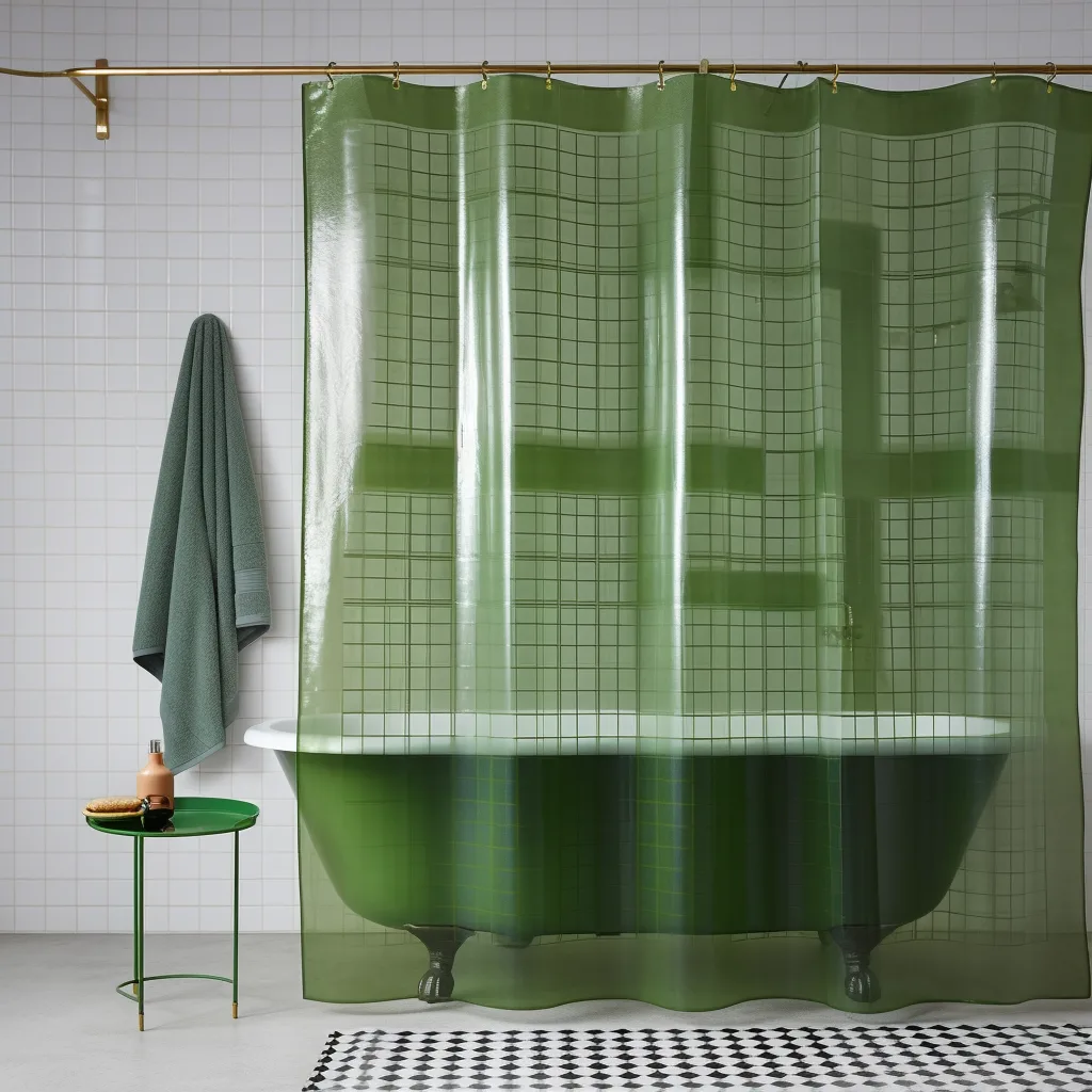 What are shower curtain liners? A green shower curtain in a bathroom with a bathtub.