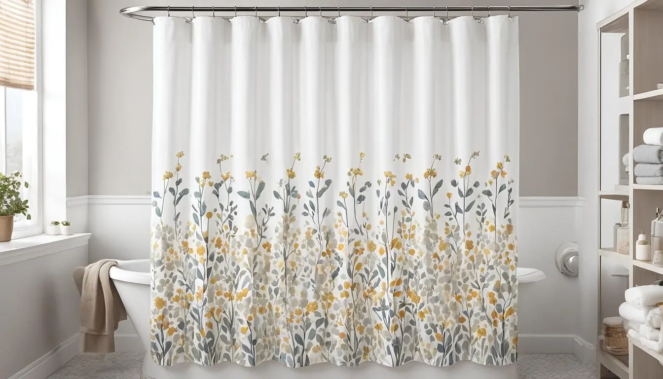 What are shower curtain liners? A bathroom with a yellow and gray shower curtain.