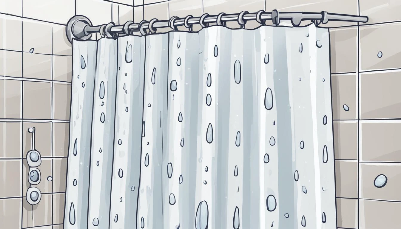 What are shower curtain liners? A cartoon shower curtain with water drops on it.