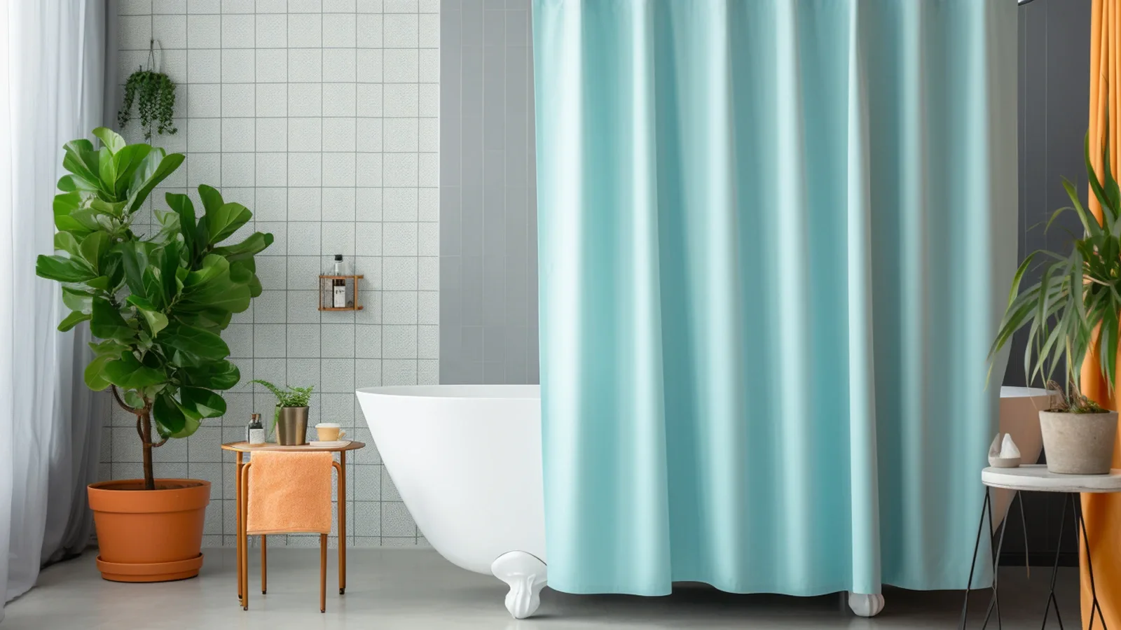 what is a shower curtain made of? A bathroom with a blue shower curtain and a potted plant.