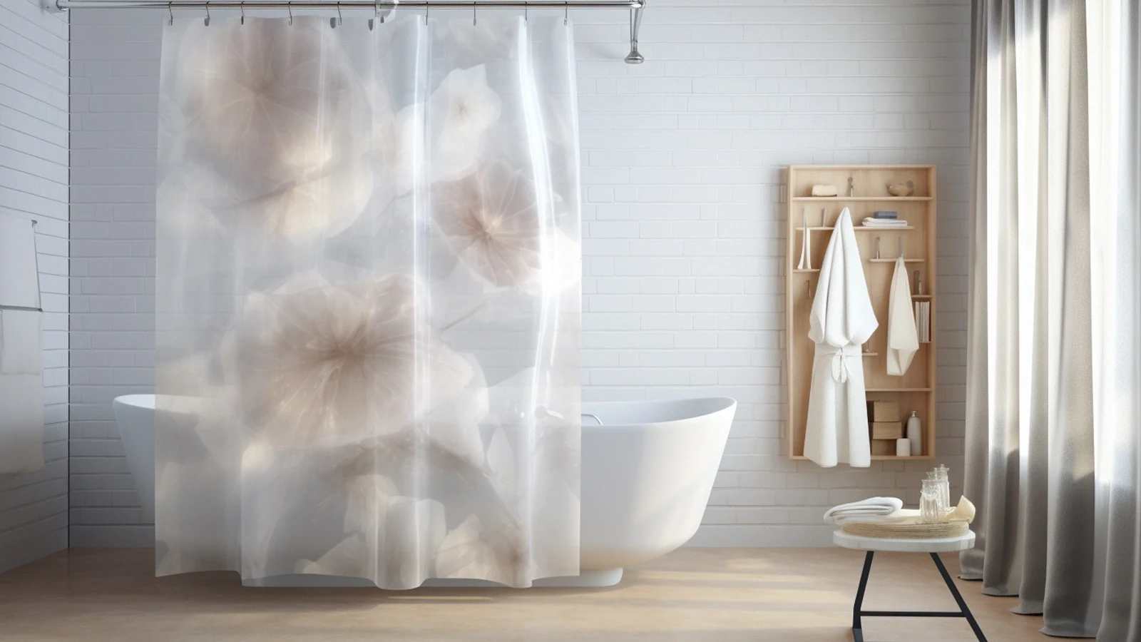 what is a shower curtain made of?A bathroom with a white tub and shower curtain.