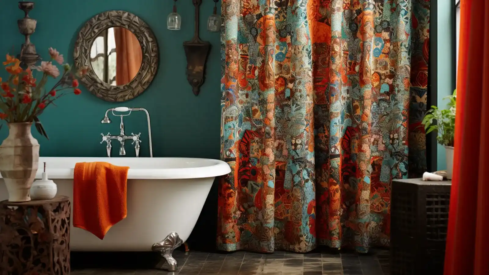 what is a shower curtain made of? A bathroom with an orange and blue shower curtain.