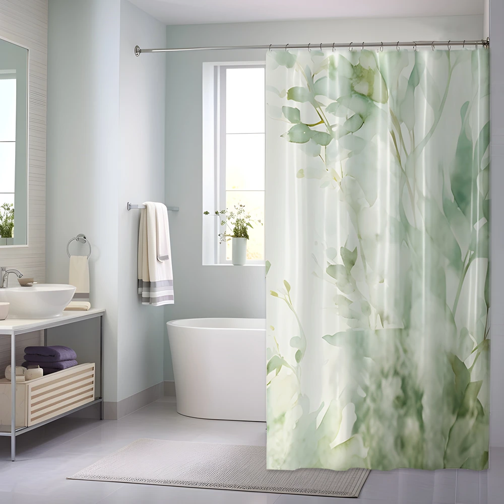 A bathroom with a green shower curtain.