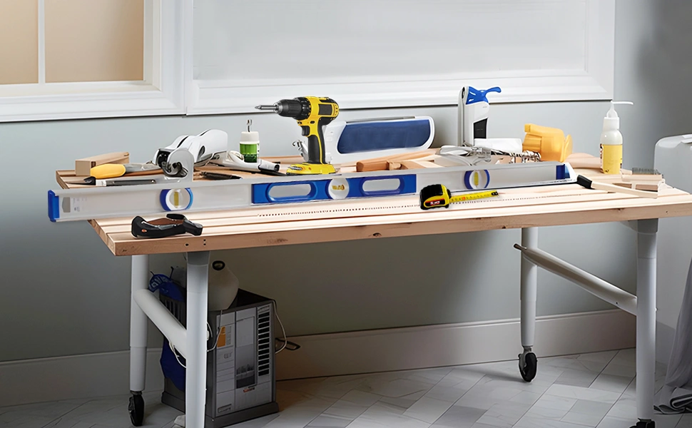 A workbench with a variety of tools on it, including instructions on where to place a shower curtain rod.