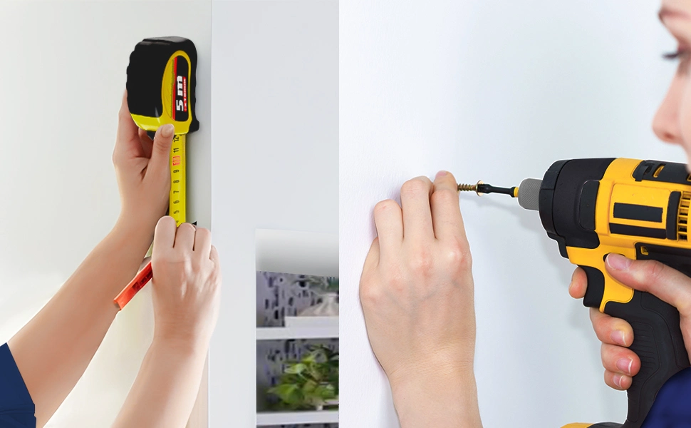 Two pictures of a woman using a drill and a tape measure to determine where to place a shower curtain rod.