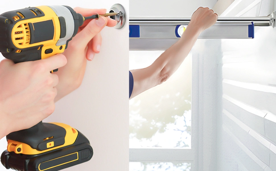 A person is using a drill to open a door and simultaneously figuring out where to place a shower curtain rod.