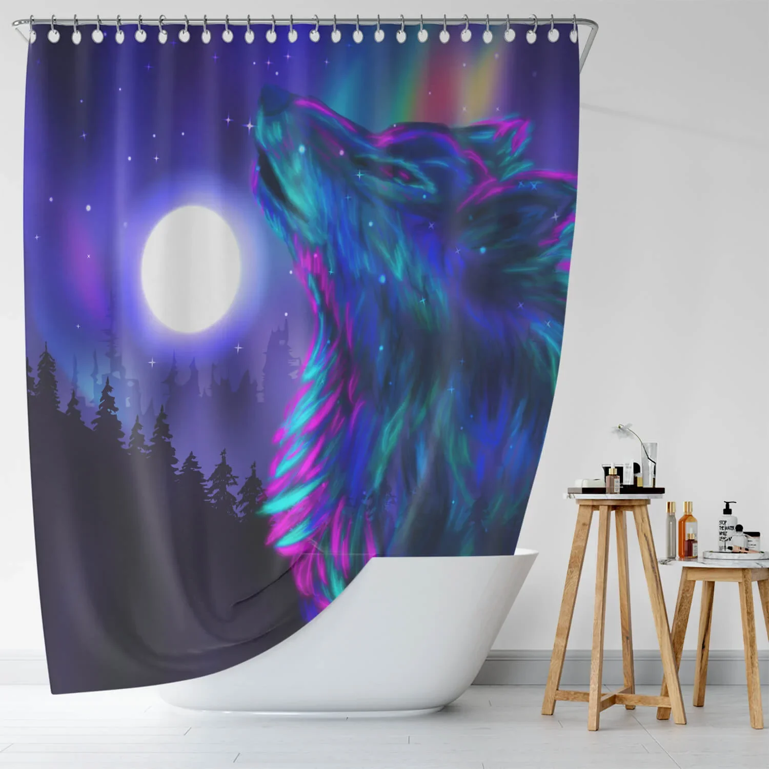 Howling wolf shower curtain - perfect for decorating an apartment bathroom!