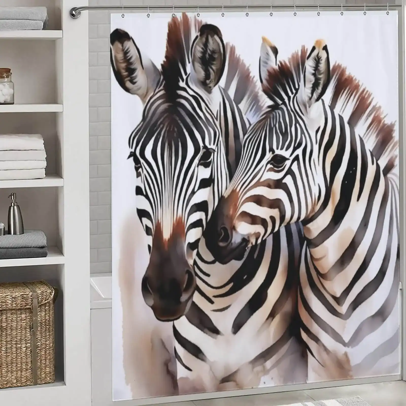 Zebra shower curtain for white banthroom